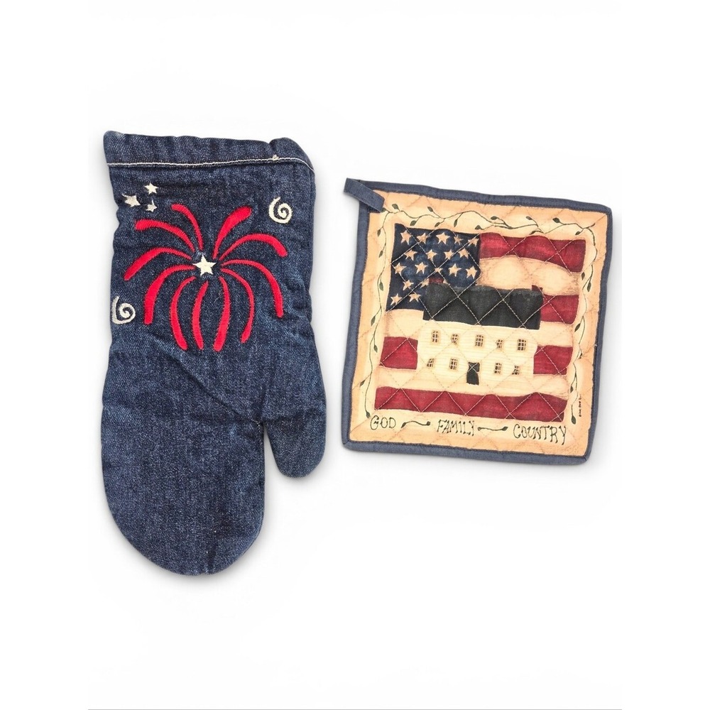 Park Designs Denim Patriotic Oven Mitt and Flag Pot Holder Set Primitive